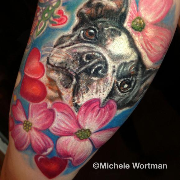 Tattoos - Boston terrier tattoo with flowers - 79189